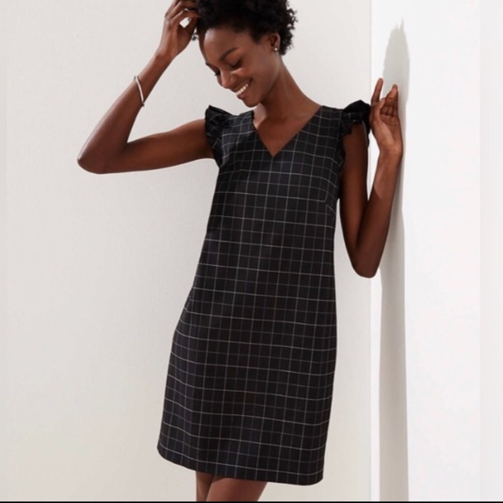 Loft Windowpane Plaid Flutter Sleeve Shift Dress - image 1